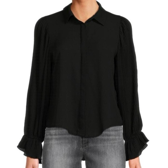 New Area Stars Pleated Puff Sleeve Button Down Blouse Lee Black Size Large - Picture 1 of 16